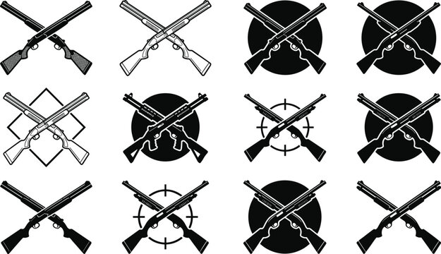 Crossed Shotgun and Hunting Rifle Emblem Icon Set with Target Crosshairs and Circular Badges for Tactical Military Club and Outdoor Shooting Sports Logo Designs