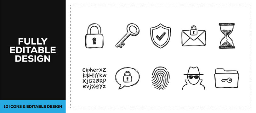 Black ink scribble security lock and privacy protection icon set bundle featuring hand drawn doodle sketch vector illustrations for cyber safety it tech and internet branding design.