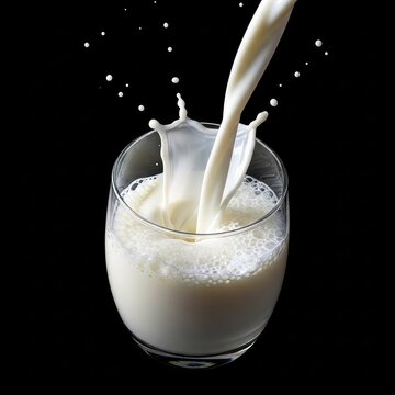 A stream of fresh white milk pours smoothly into a clear glass, creating splashes and bubbles against a solid black background, close up, swirl, contrast, black