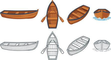 Wooden Rowing Boat Vector Set with Oars, Top Down view, Isometric Perspective, and Line Art Outline Illustrations © Maslima