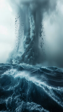 A dramatic vertical composition showing a colossal dark storm cloud funnel or waterspout unleashing chaos over raging big waves in the deep ocean