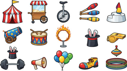 Vintage Circus Carnival Vector Icon Set with Tent Popcorn Cart Cannon Juggling Pins and Magic Hat Performance Elements © Maslima