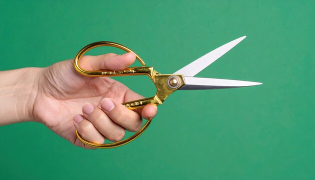 Hand holding open gold scissors on green background