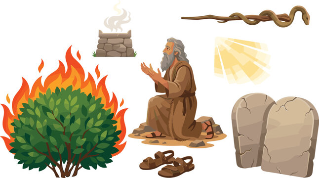 Prophet Moses and Burning Bush Bible Vector Set with Ten Commandments Stone Tablets, Staff, Altar, and Sandals Illustrations