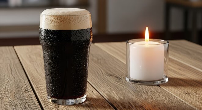 A glass of dark stout beer with thick foam sits on a rustic wooden table beside a glowing candle, creating a warm and cozy indoor ambiance, beer, cozy, wooden