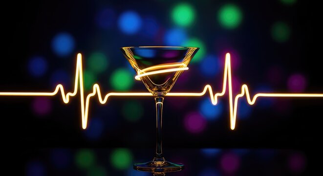 A glowing golden neon heartbeat pulse circles a sleek martini glass against a dark background with vibrant bokeh lights and luxury vibes, shine, artistic, cocktail