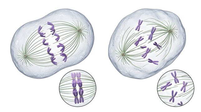 Scientific illustration of cell division showing mitosis phases with chromosomes and spindle fibers