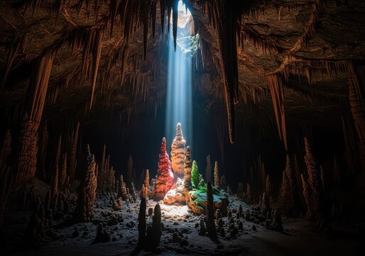 A subterranean cavern filled with sharp jagged rocks and hanging stalactites, as bright rays of sunlight beam through a high ceiling opening, rough, natural, geological