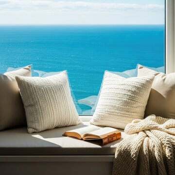 A sun-drenched window seat overlooks the vast blue sea, featuring plush pillows, a soft woven throw, and an open book on a wooden ledge, serene, throw, nautical