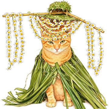 Cute Orange Tabby Cat Wearing a White Blossom Flower Crown and Floral Cloak Illustration Isolated on White Background