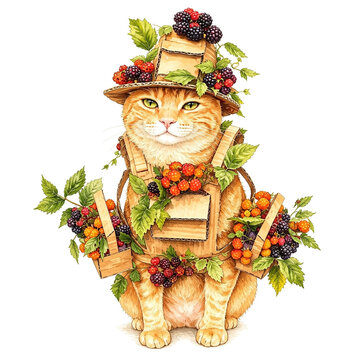 Cute Orange Tabby Cat Wearing a White Blossom Flower Crown and Floral Cloak Illustration Isolated on White Background