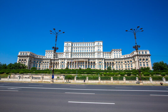 The Palace of the Parliament also known as Casa Poporului under a clear blue sky in Bucharest Romania