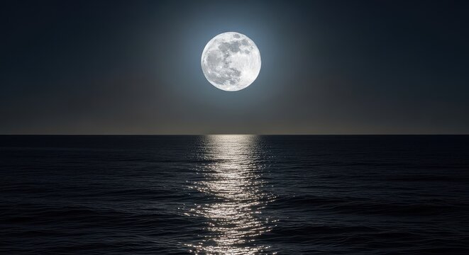A luminous full moon hangs in a dark midnight sky, casting a shimmering silver reflection across the calm surface of the vast ocean waves, atmosphere, evening, water
