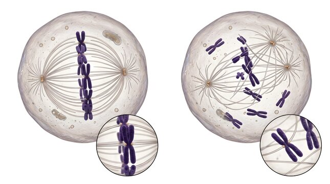 Biological diagram of mitosis cell division phases showing chromosome alignment and spindle fibers for metaphase study