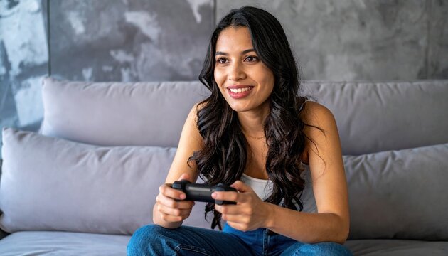 Gamer holding a black wireless controller while relaxing on a cozy couch