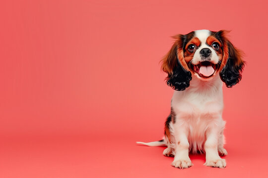 A small adorable cavalier king charles spaniel dog sits happily looking at the camera against a solid pink backdrop