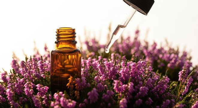 Amber glass bottle with a glass pipette dropper dispensing a single liquid drop above purple heather wildflowers in soft golden sunlight, alternative, therapy, healthcare
