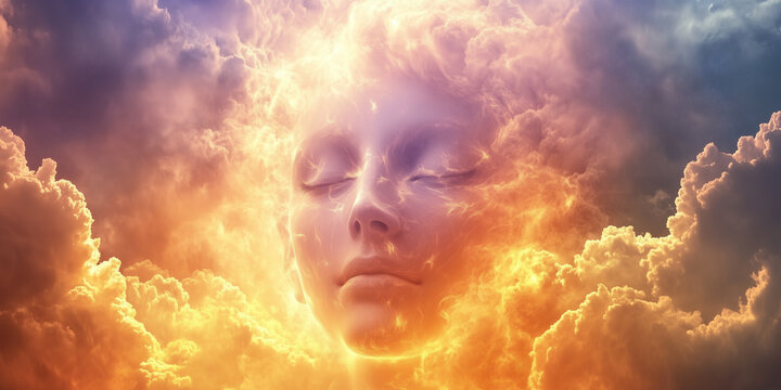 A surreal artistic representation of a calm face blending seamlessly into golden fluffy clouds illuminated by divine light