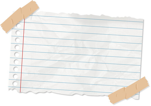 Torn white lined paper sheet attached with brown adhesive tape