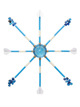 A detailed illustration of a blue and white spinning top toy with arrows on a plain background