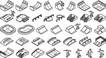 Isometric Skatepark Vector Icon Set Featuring Skateboarders Ramps Halfpipes Quarterpipes Grinding Rails Stairs Pools And Extreme Sport ElementsIsometric Skatepark Vector Icon Set Featuring Skateboarde © Shameem