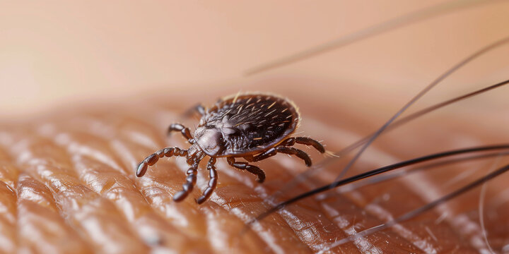 An extreme close up macro shot of a dangerous wood tick insect crawling near fine hairs on human skin posing a risk of lyme disease