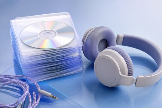 Blank compact discs in translucent sleeves with over ear headphones on icy blue acrylic surface