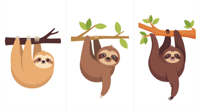 Cute cartoon sloth characters set, three funny sloths hanging on tree branch vector illustration, wildlife animal design for kids