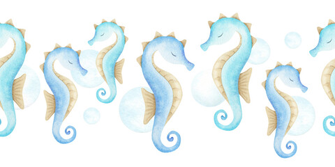 Seamless border of ocean seahorse and bubbles. Hand drawn watercolor kids lane background. Summer marine nursery horizontal banner of cute sea underwater inhabitant for children design, baby goods © Fedulova_art