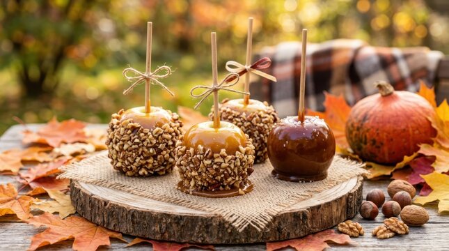 Homemade Caramel Apples Dipped in Chopped Nuts and Glazed Toffee on a Rustic Wooden Board Surrounded by Colorful Autumn Leaves and Pumpkin Outdoors