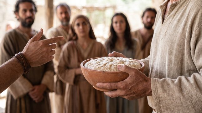 A man's hand pointing toward a clay bowl filled with rising yeast dough held by another person with followers looking on, depicting the biblical Parable of the Leaven.