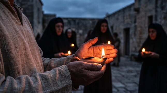 Close up of a man's hands in a rustic linen tunic holding a burning clay oil lamp with women dressed in black holding lamps in the blurred background at dusk