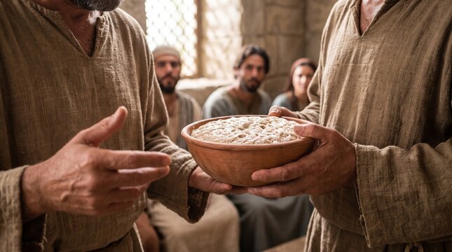 Close up of hands holding a clay bowl filled with rising yeast dough, depicting the biblical Parable of the Leaven.