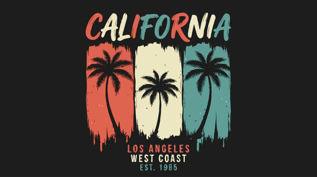 Retro California sunset t-shirt design with palm trees silhouette and grunge texture