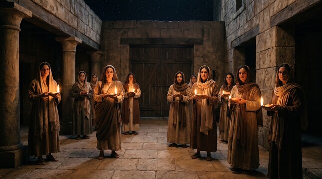 Group of young women wearing traditional robes holding lit clay oil lamps in an ancient stone courtyard under a starry night sky, depicting the biblical Parable of the Ten Virgins.