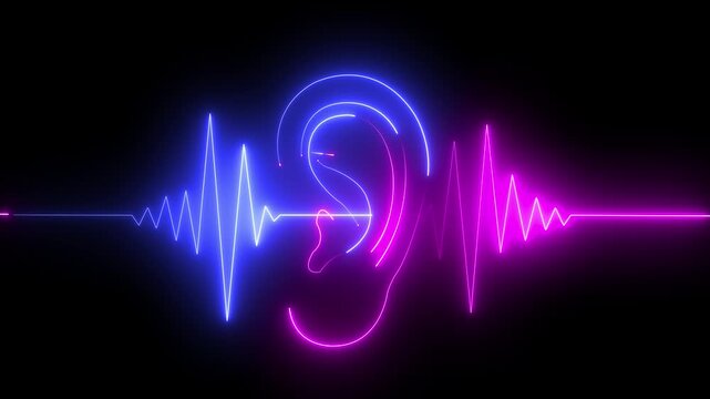 Glowing Neon Ear Icon with Audio Waveform for Sound Engineering Concept.