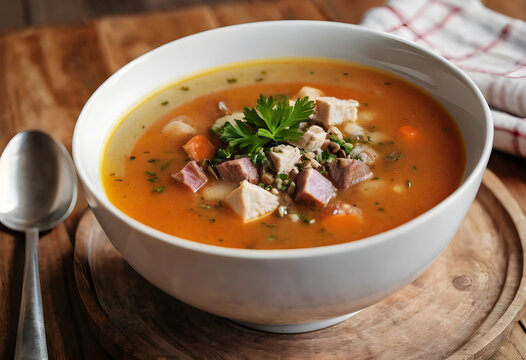 Bowl of solyanka soup with meat and herbs