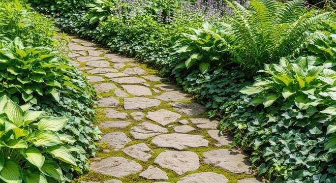 A rustic stone walkway leads through a serene garden environment featuring lush green foliage and delicate plants in the soft background, serene, background, pathway