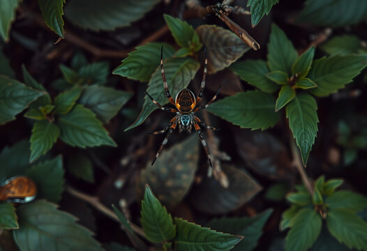 Close-up of a spider on green leaves in nature