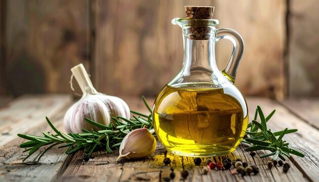 Olive oil bottle with garlic and rosemary