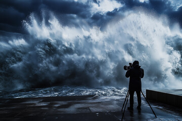 A dramatic silhouette of a photographer with a tripod stands before giant crashing ocean waves during a powerful coastal storm
