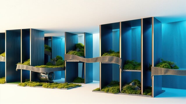 Abstract installation features cubical structures. Moss, rocks, cylinders create miniature landscapes within blue frames. Dramatic lighting enhances depth.