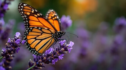 Obraz premium A monarch butterfly perched gracefully on a purple lavender flower in a lush garden, with the butterflyâ€™s wings fluttering slightly in the breeze.
