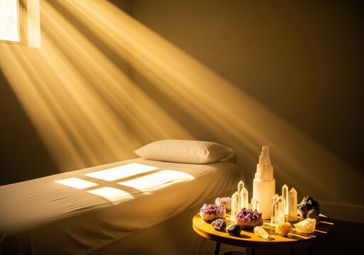 Luminous golden light beams through a serene space featuring a treatment table and crystals during a peaceful spiritual wellness practice, glow, mystical, bright