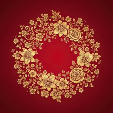 Luxurious golden floral pattern with intricate vines and blooming flowers set against a rich deep crimson background for a royal look, red, burgundy, ornate