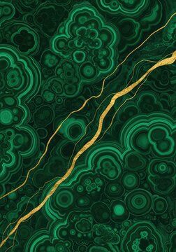 Luxurious malachite green background showcasing intricate swirling mineral patterns accented by elegant veins of shimmering liquid gold foil, mineral, gold, flow