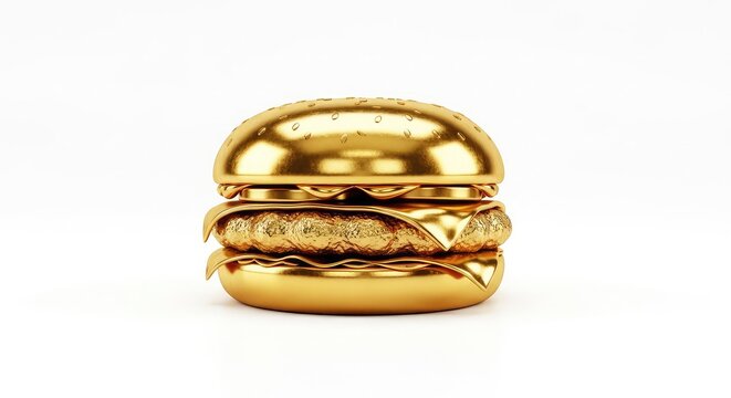 Luxury golden hamburger with realistic textures and shiny metallic finish, standing alone on a bright white studio backdrop for high-end food, burger, bright, expensive