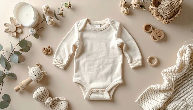 Neutral toned baby clothes and accessories flat lay
