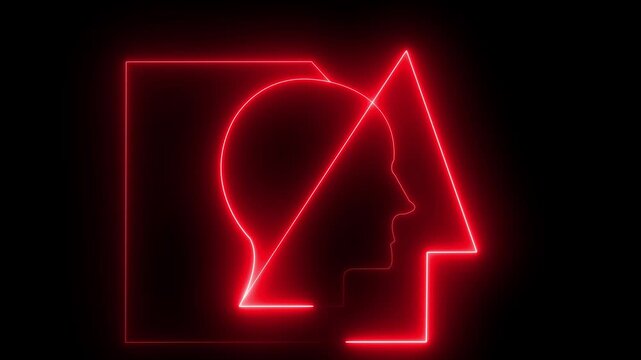 Futuristic neon human face geometry animation representing artificial intelligence.