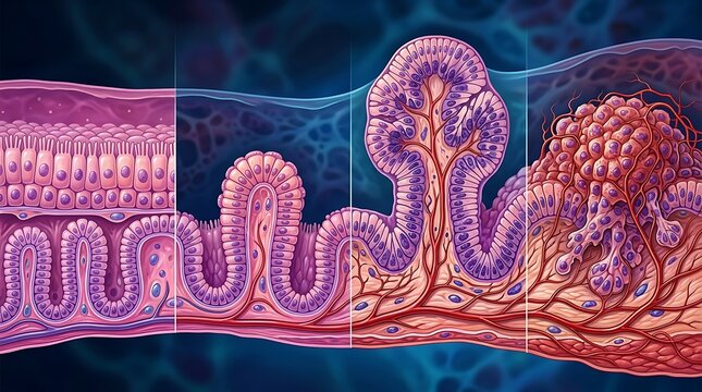 Stages of cancer progression from healthy cells to malignant tumor